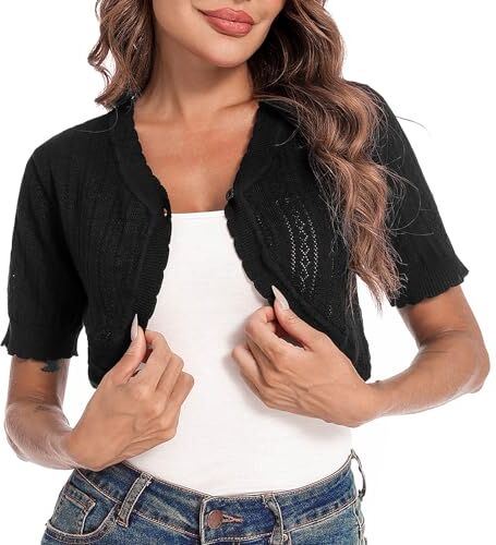 Gyabnw Coprispalle da Donna Casual Cardigan Lavorato a Maglia Cava a Maniche Corte Nero,L