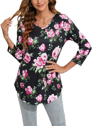 Enmain Donna Maglietta Tunica Scollo V Maniche a 3/4 Top Maglia Manica Lunga Taglie Forti Magliette con Stampata Elegant Autunno Inverno Slim Fit T Shirt,Nero e Rosa,2XL