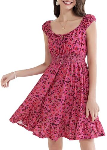 GRACE KARIN Donna Abito Floreale da Cocktail Estiva Vestito a Vita Alta Rosa Scuro Floreal Casual XL