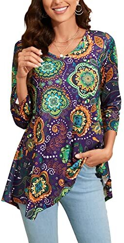 Enmain Maglietta Donna Tunica Scollo V Maniche a 3/4 Top Maglia Manica Lunga Taglie Forti Magliette Donna Elegant Camicetta con Stampata,Viola 1,XL