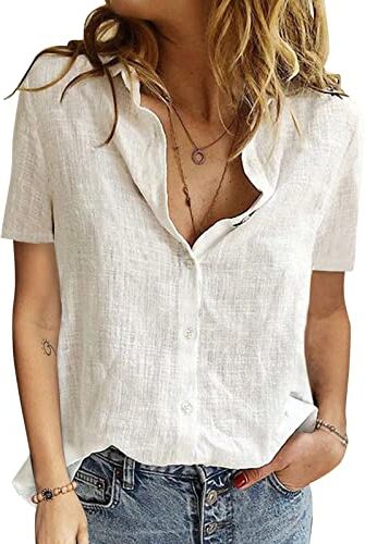 PASUDA Camicia Donna Estiva Camicetta da Donna Manica Corta Cotone Elegante Blusa Maglietta Scollo a V Top con Bottoni Moda Casual T Shirt Tinta Unita Classico Maglia Tees (Bianco, XXL)