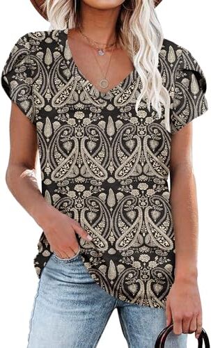 NARRAME T-Shirt da Donna Boho Flora Nera Top per L'Estate Maglie a Maniche Corte Scollo a V da Donna S