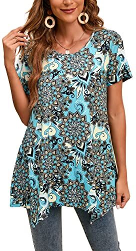 Enmain Maglietta Lunga Donna Floreale Blu a Maniche Corta Camicetta Ampia Elegante Camicetta Lunga con Scollo Tondo Elasticizzato L