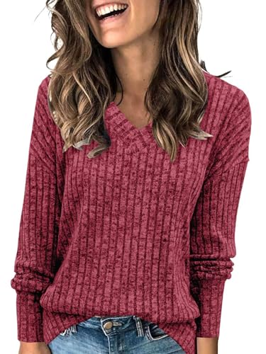 ABYOVRT Maglioni da Donna Scollo a V Pullover a Maniche Lunghe Girocollo Signore Tunica Tops Leggero Loose Morbido Sweatshirts Invernale Elegante T-Shirt Casual Felpa Moda Bluse,Rosa,XXL