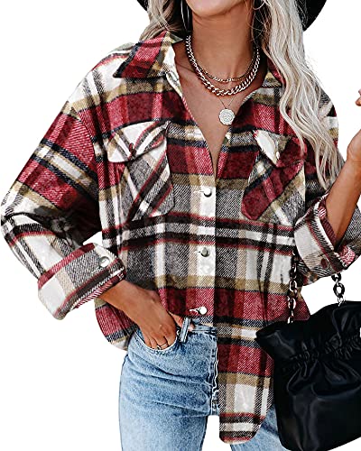 HVEPUO Camicia a Quadri da Donna Tasche Giacca Bottoni Manica Lunga Camicetta Oversize Bottone Giù Cappotto Giacca da Boscaiolo Giacca Autunnale Abbigliamento Accademico Moda Rosso S