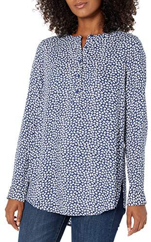 Amazon Essentials Camicetta in Tessuto a Maniche Lunghe Donna, Blu Marino Bianco Stampa Foglie, XS