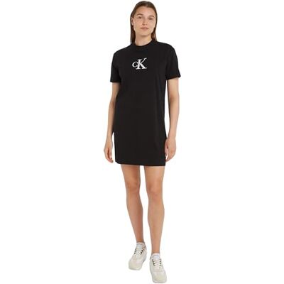 Calvin Klein Jeans Satin CK T-Shirt Dress, Abiti da Maglietta Donna, CK Black, Calvin Klein Jeans Satin CK T-Shirt Dress, Abiti da Maglietta Donna, CK Black,