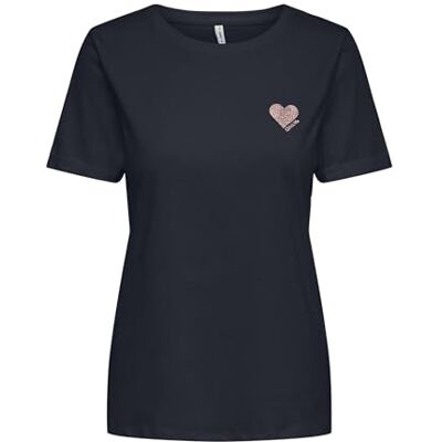 Only Onlkita Life S/S Logo Top Noos T-Shirt, Night Sky/Stampa: Rosa Oro Glitter Heart, XS Donna Only Onlkita Life S/S Logo Top Noos T-Shirt, Night Sky/Stampa: Rosa Oro Glitter Heart, XS Donna