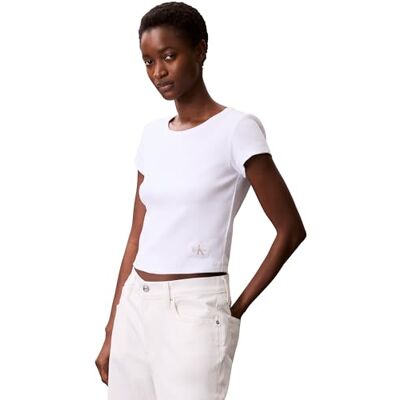 Calvin Klein Donna T-Shirt Maniche Corte Woven Label Rib Baby Tee con Scollo Rotondo, Bianco (Brilliant White), XS Calvin Klein Donna T-Shirt Maniche Corte Woven Label Rib Baby Tee con Scollo Rotondo, Bianco (Brilliant White), XS