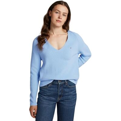 Tommy Hilfiger Donna Pullover Cardi Fine Scollo a V, Blu (Vessel Blue), XXS Tommy Hilfiger Donna Pullover Cardi Fine Scollo a V, Blu (Vessel Blue), XXS