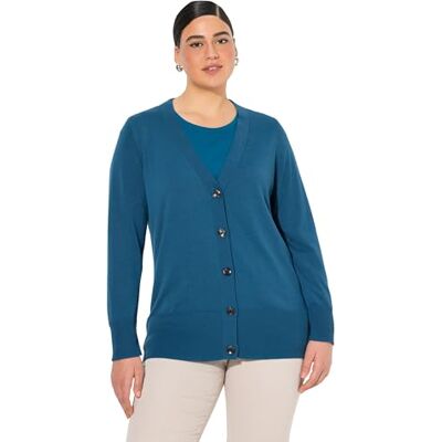 Ulla Popken Cardigan da Donna, Scollo a V, Bottoni, Maglia fine, Blu-Verde, 52/54 Ulla Popken Cardigan da Donna, Scollo a V, Bottoni, Maglia fine, Blu-Verde, 52/54