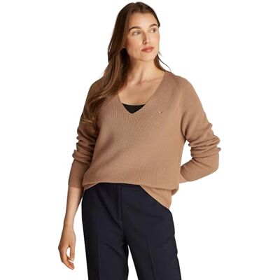 Tommy Hilfiger Donna Pullover Cardi Fine Scollo a V, Beige (Safari Canvas), XXS Tommy Hilfiger Donna Pullover Cardi Fine Scollo a V, Beige (Safari Canvas), XXS