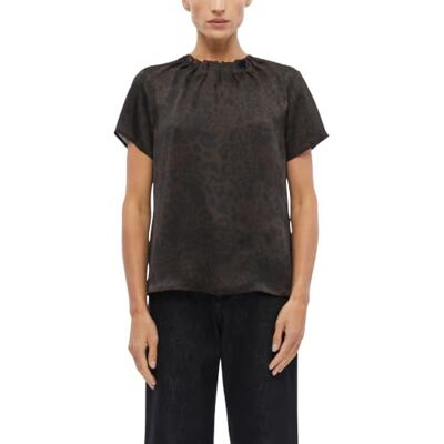 s.Oliver Camicia da Donna con Scollo a Pieghe, Stampa su Tutta la Superficie Marrone, 46 s.Oliver Camicia da Donna con Scollo a Pieghe, Stampa su Tutta la Superficie Marrone, 46