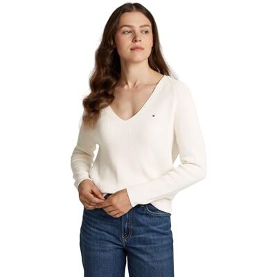 Tommy Hilfiger Donna Pullover Cardi Fine Scollo a V, Avorio (Ivory Petal), XXS Tommy Hilfiger Donna Pullover Cardi Fine Scollo a V, Avorio (Ivory Petal), XXS