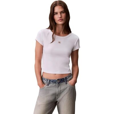 Calvin Klein Donna T-Shirt Maniche Corte Woven Label Rib Baby Tee con Scollo Rotondo, Bianco (Brilliant White), 2XS Calvin Klein Donna T-Shirt Maniche Corte Woven Label Rib Baby Tee con Scollo Rotondo, Bianco (Brilliant White), 2XS