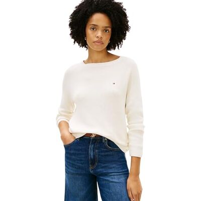 Tommy Hilfiger Donna Pullover Cardi Fine con Scollo a Barca, Avorio (Ivory Petal), XS Tommy Hilfiger Donna Pullover Cardi Fine con Scollo a Barca, Avorio (Ivory Petal), XS