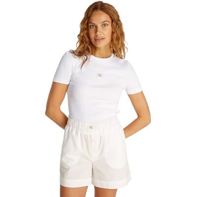 Calvin Klein Donna T-Shirt Maniche Corte Woven Label Rib Tee Slim Fit, Bianco (Brilliant White), XXS Calvin Klein Donna T-Shirt Maniche Corte Woven Label Rib Tee Slim Fit, Bianco (Brilliant White), XXS