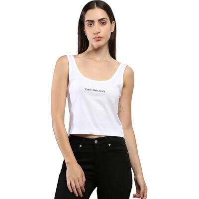Calvin Klein Canotta Donna Institutional Strappy Top in Cotone, Bianco (Bright White), L Calvin Klein Canotta Donna Institutional Strappy Top in Cotone, Bianco (Bright White), L