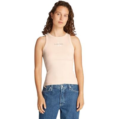 Calvin Klein Donna Canotta Monologo Rib Skinny Fit, Beige (Brazilian Sand), XL Calvin Klein Donna Canotta Monologo Rib Skinny Fit, Beige (Brazilian Sand), XL