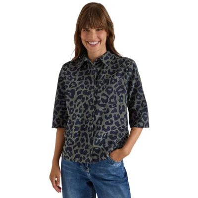 Cecil Camicetta a Maniche Corte in Velluto a Coste con Motivo Leone Dried Olive Green XXL Cecil Camicetta a Maniche Corte in Velluto a Coste con Motivo Leone Dried Olive Green XXL
