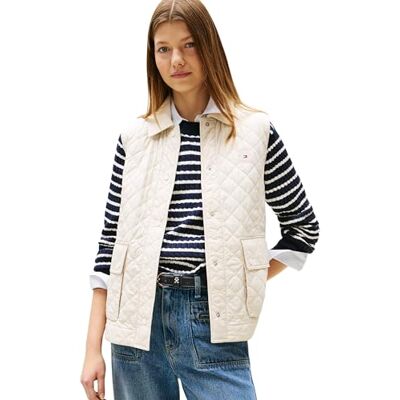 Tommy Hilfiger Donna Gilet Padded Nylon Slim Quilted Imbottito, Avorio (Newsprint), M Tommy Hilfiger Donna Gilet Padded Nylon Slim Quilted Imbottito, Avorio (Newsprint), M