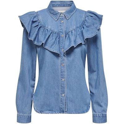 Only Onlindigo LS Frill DNM Maglietta da Donna Qyt Noos, Media Blu Denim, L Only Onlindigo LS Frill DNM Maglietta da Donna Qyt Noos, Media Blu Denim, L