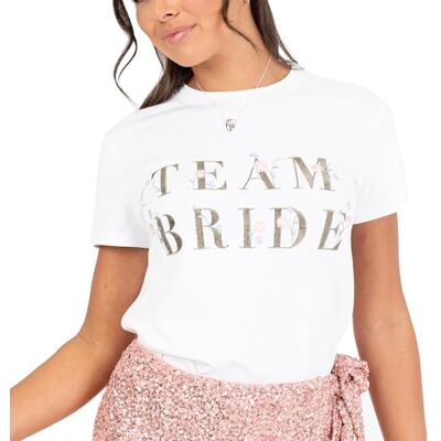 Maya Deluxe Women's Crewneck T-Shirt Short Sleeve Floral Embroidered Cotton Team Bride Hen Do Bridal Party Bridesmaid Accessories, Bianco XL Maya Deluxe Women's Crewneck T-Shirt Short Sleeve Floral Embroidered Cotton Team Bride Hen Do Bridal Party Bridesmaid Accessories, Bianco XL