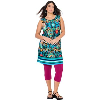 Ulla Popken Mini Abito da Donna, Taglie Forti, in Jersey, con Fiori, Linea A, Girocollo, Senza Maniche, Verde Menta, 48-50 Ulla Popken Mini Abito da Donna, Taglie Forti, in Jersey, con Fiori, Linea A, Girocollo, Senza Maniche, Verde Menta, 48-50