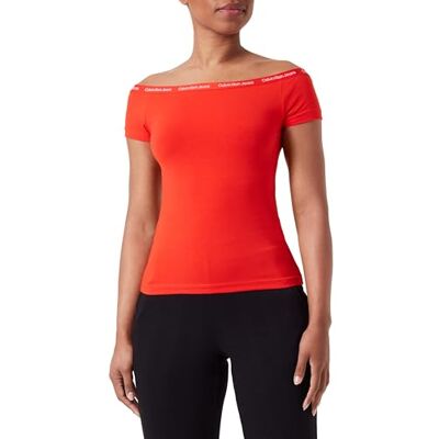 Calvin Klein Jeans Women's LOGO ELASTIC BARDOT TOP Other Knit Tops, Fiery Red, M Calvin Klein Jeans Women's LOGO ELASTIC BARDOT TOP Other Knit Tops, Fiery Red, M