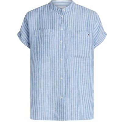 Tommy Hilfiger Donna Blusa Linen Collarless Maniche Corte, (Multiple STP/Blue Spell), 44 Tommy Hilfiger Donna Blusa Linen Collarless Maniche Corte, (Multiple STP/Blue Spell), 44