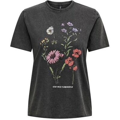 Only ONLLUCY Maglietta da Donna Stampata a Maniche Corte, Scollo Rotondo, con Scritta Stampata, Nero/Stampa: Flowerchild, L Only ONLLUCY Maglietta da Donna Stampata a Maniche Corte, Scollo Rotondo, con Scritta Stampata, Nero/Stampa: Flowerchild, L