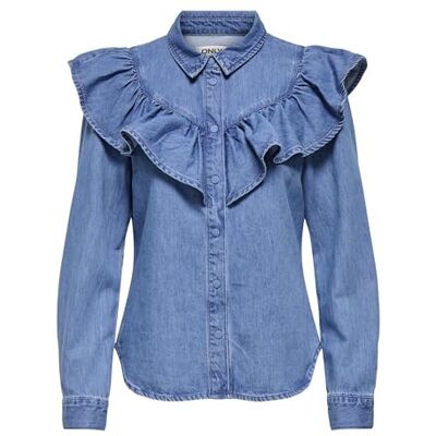 Only Onlindigo Frill Stud L/S DNM Shirt Qyt, Media Blu Denim, S Donna Only Onlindigo Frill Stud L/S DNM Shirt Qyt, Media Blu Denim, S Donna