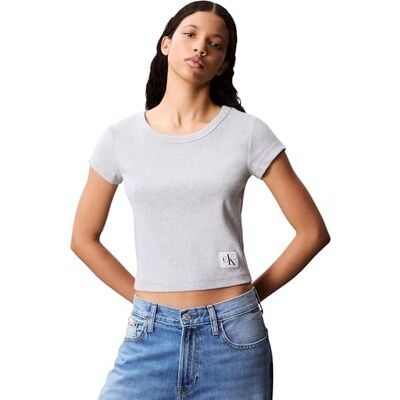Calvin Klein Donna T-Shirt Maniche Corte Woven Label Rib Baby Tee con Scollo Rotondo, Grigio (Bc06 Grey Heather), L Calvin Klein Donna T-Shirt Maniche Corte Woven Label Rib Baby Tee con Scollo Rotondo, Grigio (Bc06 Grey Heather), L