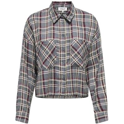 Only Short Check Shirt Onlriley Life LS Wvn-Maglietta a Quadri, Grigio, M Donna Only Short Check Shirt Onlriley Life LS Wvn-Maglietta a Quadri, Grigio, M Donna