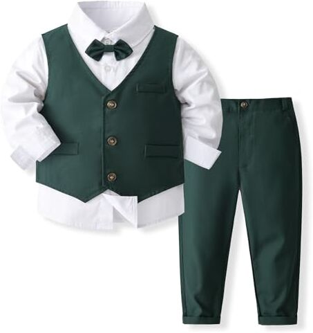 Volunboy Completo Elegante Bambino Camicie + Papillon + Gilet + Pantaloni, Ragazzo Abbigliamento 4 Pezzi Gentleman Cerimonia Nozze(Verde Scuro,18-24 mesi,Taglia 90)