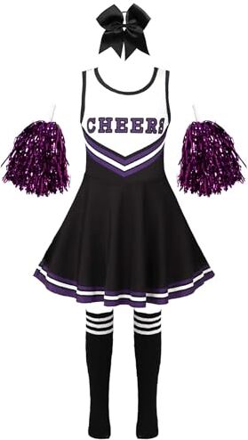 iEFiEL Costume per Bambini Cheerleaders Rosso Uniforme con Abito Senza Maniche + Pompon e Calze Vestito da Carnevale per Ragazza 3-10 Anni per Scuola Festa D Nero 3-4 anni