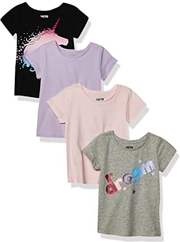 Amazon Essentials T-Shirt a Maniche Corte (precedentemente Spotted Zebra) Bambine e Ragazze, Pacco da 4, Grigio Stampa Testo/Lilla/Nero Unicorni/Rosa Chiaro, 2 Anni