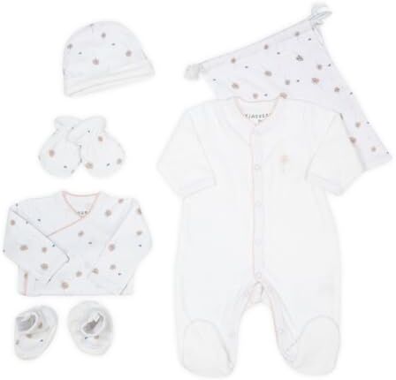 Kinousses Kit per neonato, motivo: Fleur" 6 pezzi (pigiama, body, berretto, calzini, guanti e borsa per riporlo) Ragazzo, unisex Velluto 1 mese, bianco con fiore