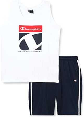 Champion Legacy Graphic Shop S/L T-Shirt & Long Shorts Completo, (Bianco/Blu Marino), 5-6 Anni Bambini e Ragazzi