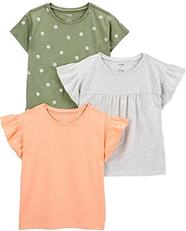 Simple Joys by Carter's Short-Sleeve Shirts And Tops, Pack of 3 Maglietta, Arancione Chiaro/Grigio/Verde Oliva Fiori, 5-6 Anni (Pacco da 3) Bambina