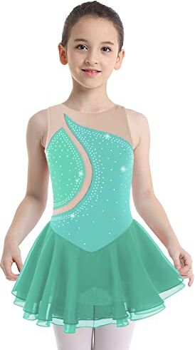 Freebily Abito da Pattinaggio Artistico Bambina Strass Leotards Body da Balletto Abito da Ballo Latino Vestito Danza Classica Ballerina Jazz Danza Moderna Performance Verde 8 Anni