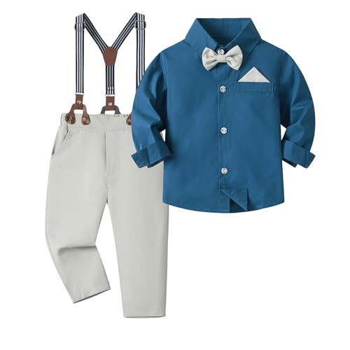 Volunboy Bimbo Neonato Completini e Coordinati Gentiluomo, Camicia Fiocco e Bretelle Pantaloni 4 Pezzi(3-4 anni,Taglia 110,Grigio Blu)