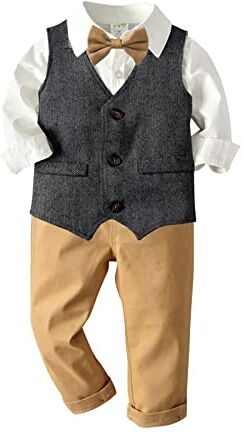 Volunboy Completo Elegante Bambino Camicie + Papillon + Gilet + Pantaloni, Ragazzo Abbigliamento 4 Pezzi Gentleman Cerimonia Nozze(12-18 mesi,Bianco-Grigio,Taglia 80)