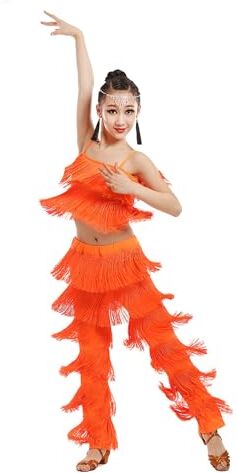 DouxiE Abiti da Ballo Latino for Bambine, Ragazze Gonna Latina con Nappe Costume, Costume da Ballo for Ragazze con Paillettes Oro, for Bambini 3-15 Anni (Color : Orange, Size : 130cm)