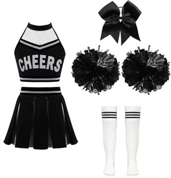 iEFiEL Costume per Bambini Cheerleaders Rosso Uniforme con Abito Senza Maniche + Pompon e Calze Vestito da Carnevale per Ragazza 3-10 Anni per Scuola Festa E bianco&nero 13-14 anni