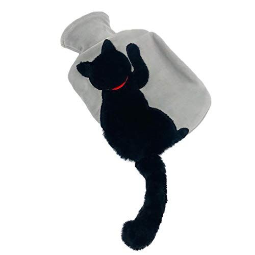 VSTAR66 Borsa dell'acqua calda con copertura per gatti a coda lunga, aiuta a alleviare il dolore caldo e freddo, regalo invernale per ragazzi e ragazze (gatto nero)