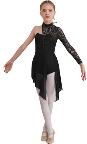 YiZYiF Bambina Ragazza Vestito da Danza Vestito da Balletto Lirica Moderna Asimmetrico Leotard Body da Danza Classica Abito da Ballo Ginnastica Saggio Performance Nero D 15-16 anni