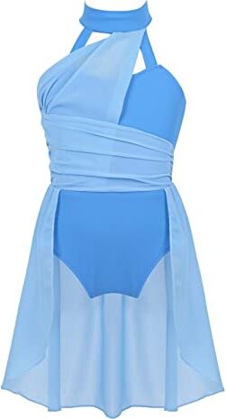 YiZYiF Vestito da Danza Bambina Body da Ballerina Abito da Ballo Lirico Chiffon Senza Maniche Ragazza Balletto Latino Dancewear Azzurro 14 anni