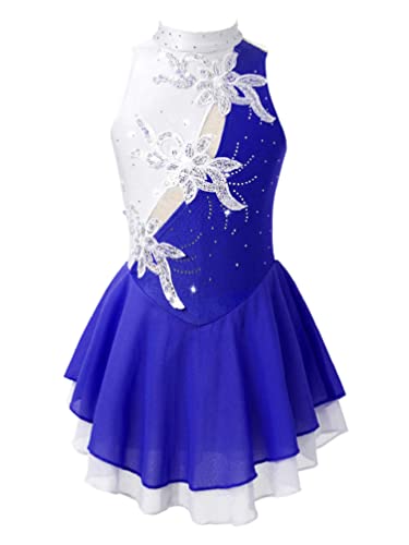 YiZYiF Abito da Pattinaggio Artistico sul Ghiaccio Bambina Chiffon Paillettes Leotards Smanicato Abito da Ballo Vestito Danza Classica Body da Balletto Blue&White 15-16 Anni