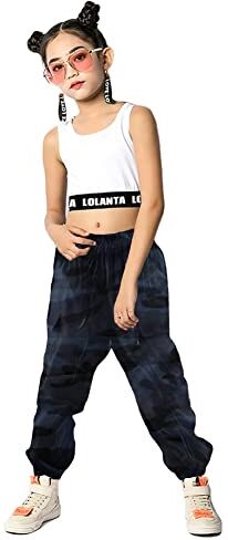 LOLANTA 2 Pezzi Ragazze Hip Hop Street Dance Solo Set, Crop Tank Top + Pantaloni Jogger mimetici, Nero, 170